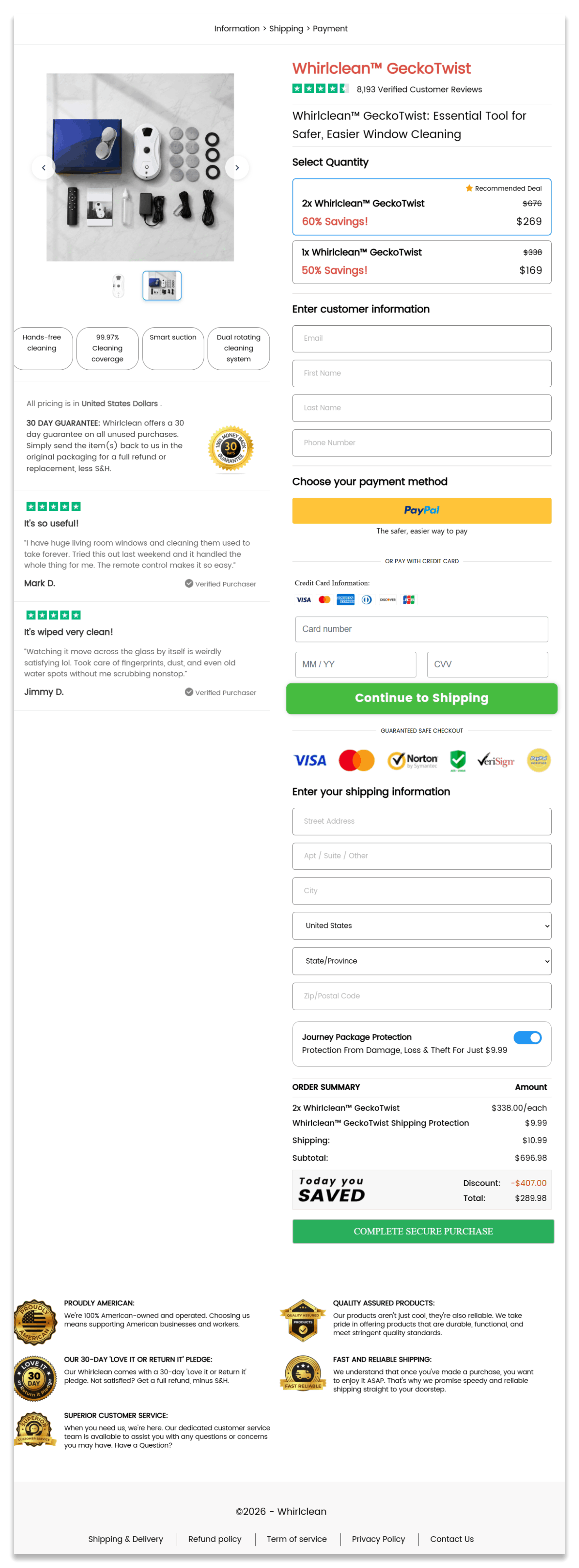 Whirlclean Window Cleaner secure checkout page